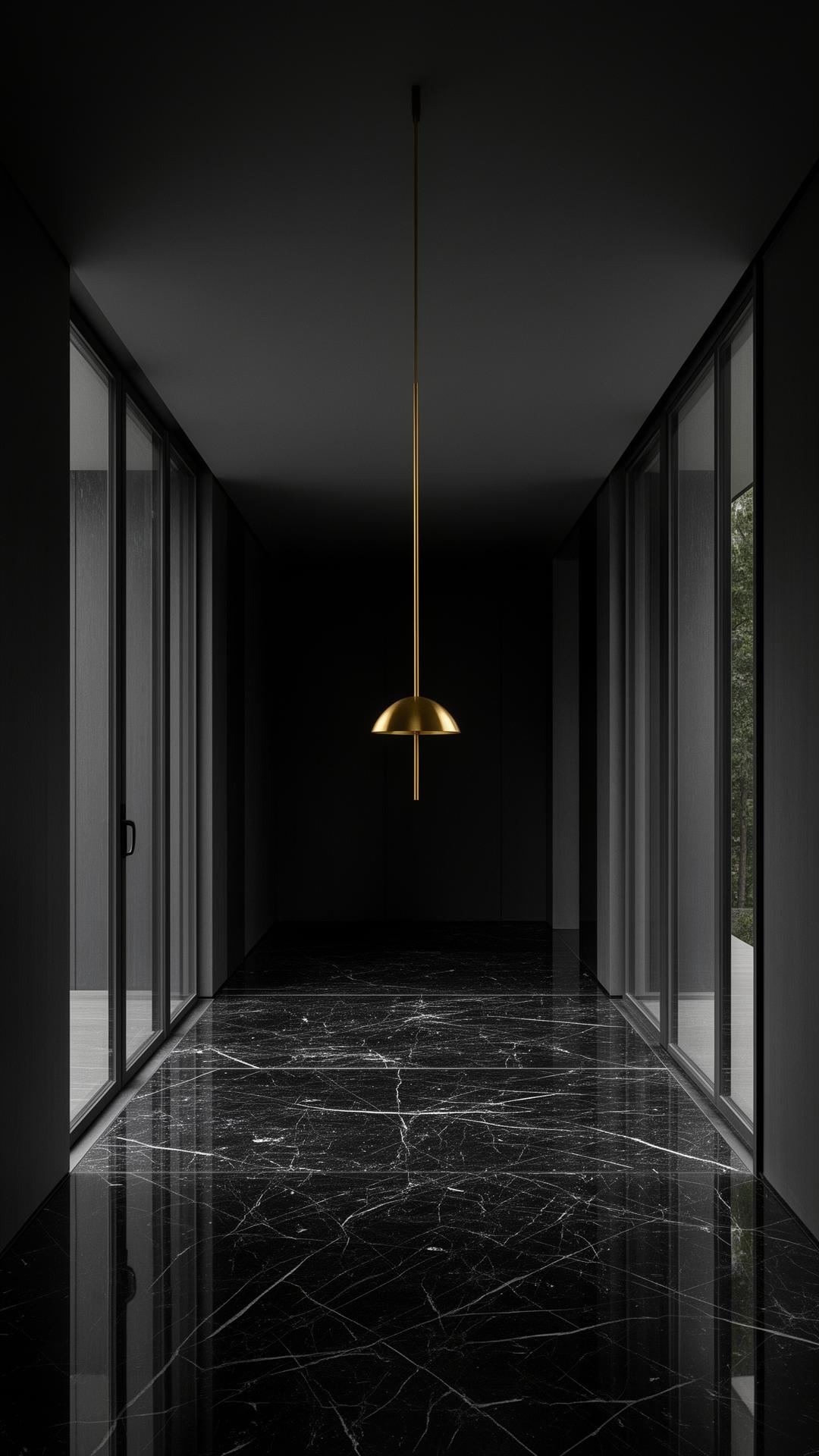 Black marble interior with a single gold pendant